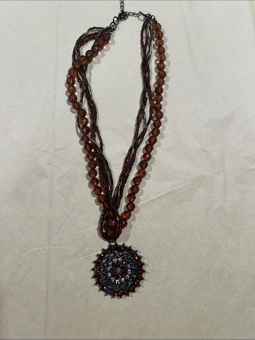 Source Unknown Brown Multi-Strand Beaded Necklace with Round Rosette Pendant